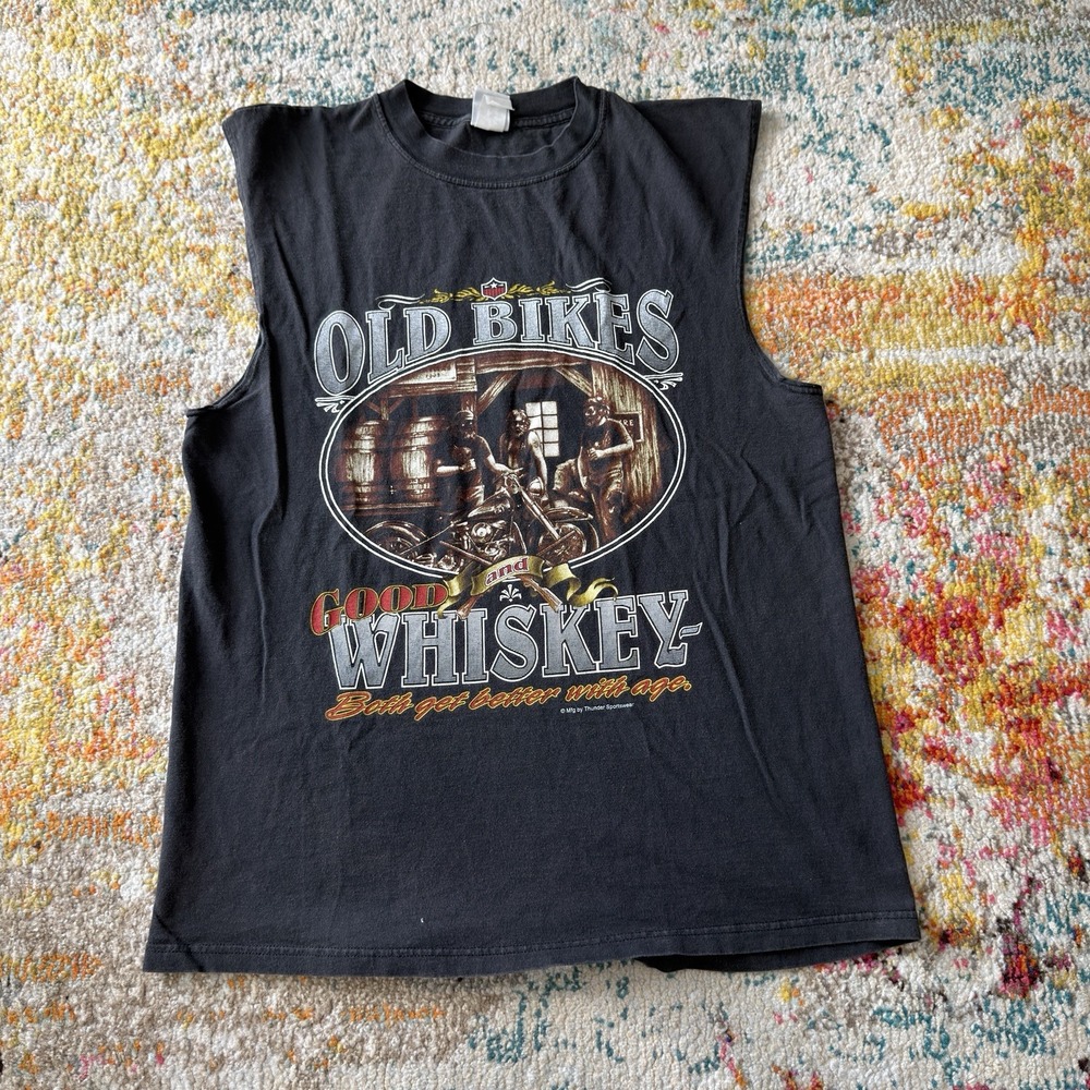 Vintage 90s Thunder 3D Old Bikes and Good Whiskey Sleeveless Muscle Tee L